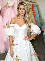 White Satin Puff Sleeve Prom Dress