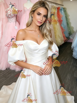 White Satin Puff Sleeve Prom Dress