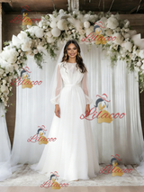 White Tulle Long Sleeve Pleats Wedding Dress