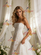 White Lace Strapless Bow Wedding Dress