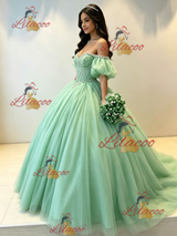 Green Tulle Puff Sleeve Beading Quinceanera Dress
