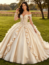 Champagne Satin Long Sleeve Appliques Quinceanera Dress