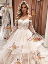Champagne Tulle Long Sleeve Lace Wedding Dress