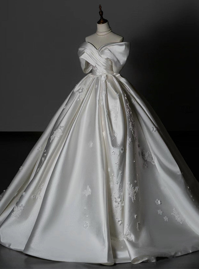 Vintage White Satin Flower Wedding Dress