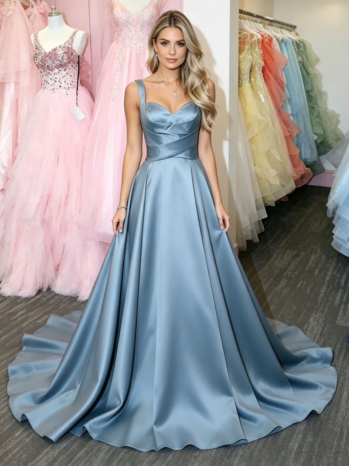 Blue Satin Straps Prom Dress