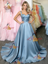Blue Satin Straps Prom Dress