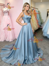 Blue Satin Straps Prom Dress