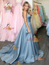 Blue Satin Straps Prom Dress