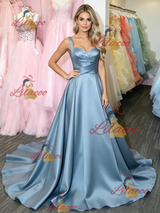 Blue Satin Straps Prom Dress