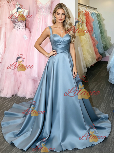 Blue Satin Straps Prom Dress