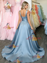Blue Satin Straps Prom Dress