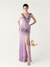 V-neck Mermaid Sequins Feather Prom Dress