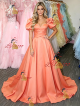 Orange Satin Puff Sleeve Prom Dress