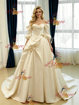 Ivory Satin Short Sleeve Pleats Flower Wedding Dress