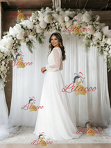 White Tulle Long Sleeve Pleats Wedding Dress