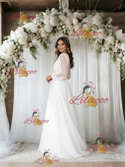 White Tulle Long Sleeve Pleats Wedding Dress