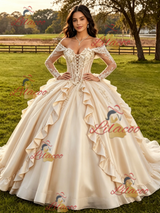 Champagne Satin Long Sleeve Appliques Quinceanera Dress