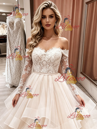 Champagne Tulle Long Sleeve Lace Wedding Dress