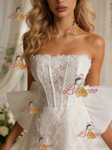 White Lace Strapless Bow Wedding Dress