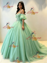 Green Tulle Puff Sleeve Beading Quinceanera Dress