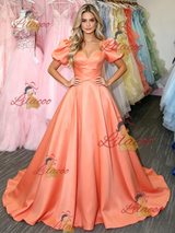 Orange Satin Puff Sleeve Prom Dress