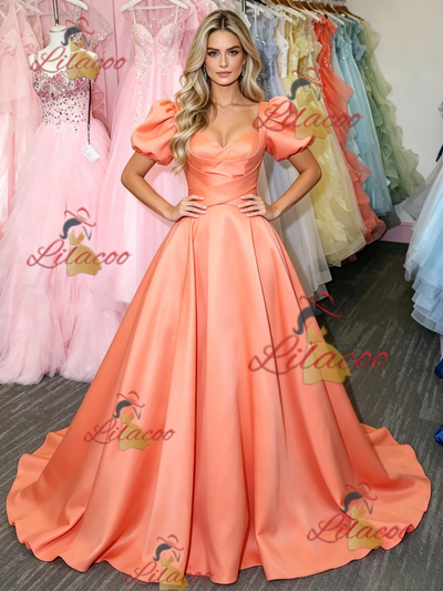 Orange Satin Puff Sleeve Prom Dress