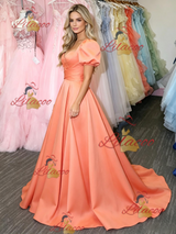 Orange Satin Puff Sleeve Prom Dress