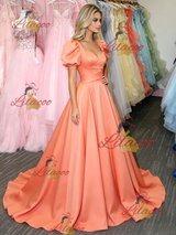 Orange Satin Puff Sleeve Prom Dress