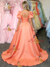 Orange Satin Puff Sleeve Prom Dress