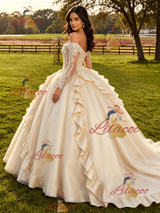 Champagne Satin Long Sleeve Appliques Quinceanera Dress