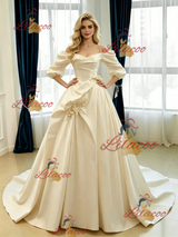 Ivory Satin Short Sleeve Pleats Flower Wedding Dress