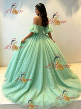 Green Tulle Puff Sleeve Beading Quinceanera Dress