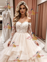 Champagne Tulle Long Sleeve Lace Wedding Dress