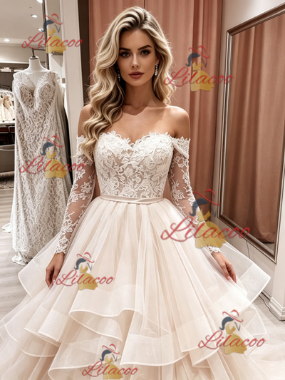 Champagne Tulle Long Sleeve Lace Wedding Dress