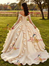 Champagne Satin Long Sleeve Appliques Quinceanera Dress
