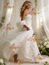 White Lace Strapless Bow Wedding Dress