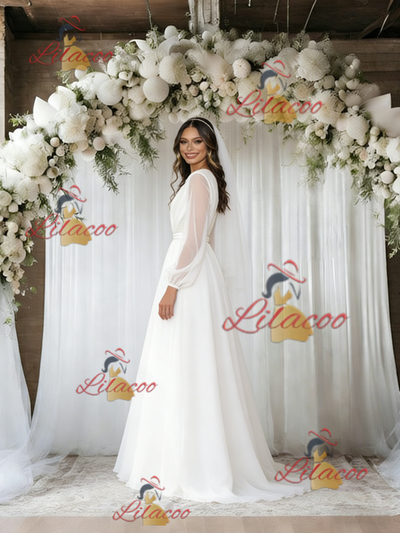 White Tulle Long Sleeve Pleats Wedding Dress