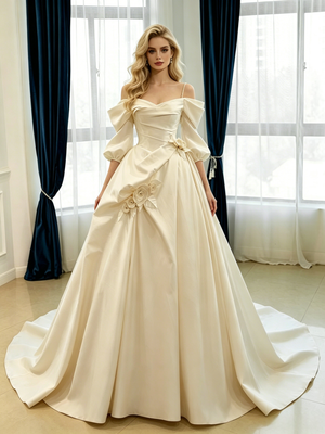 Ivory Satin Short Sleeve Pleats Flower Wedding Dress