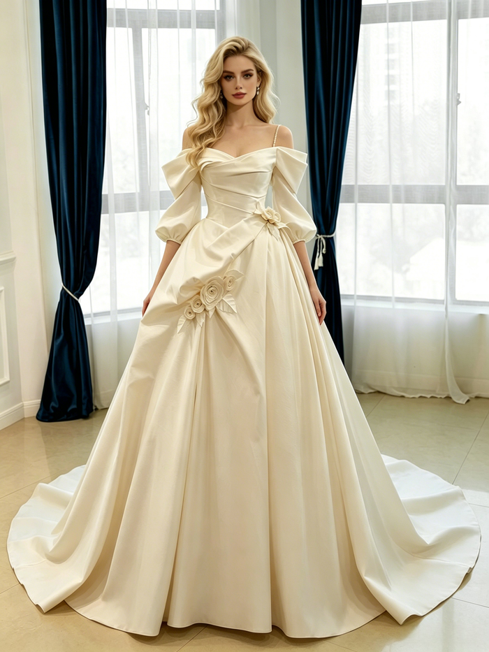 Ivory Satin Short Sleeve Pleats Flower Wedding Dress