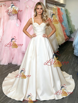 Beige White Satin Straps Prom Dress