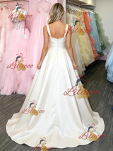 Beige White Satin Straps Prom Dress