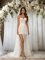 White Lace Spaghetti Straps Wedding Dress