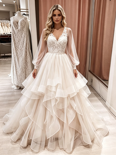 Champagne Tulle Long Sleeve V-neck Wedding Dress