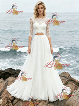 White Two Piece Short Sleeve Lace Wedding Dress