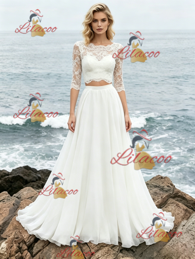 White Two Piece Short Sleeve Lace Wedding Dress