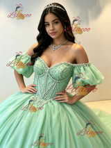Green Tulle Puff Sleeve Beading Quinceanera Dress