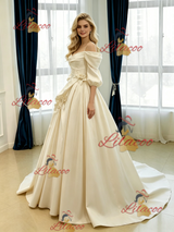 Ivory Satin Short Sleeve Pleats Flower Wedding Dress