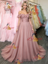Pink Tulle Long Sleeve Prom Dress