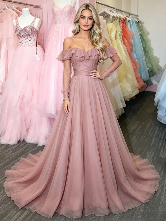 Pink Tulle Long Sleeve Prom Dress