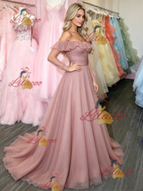 Pink Tulle Long Sleeve Prom Dress